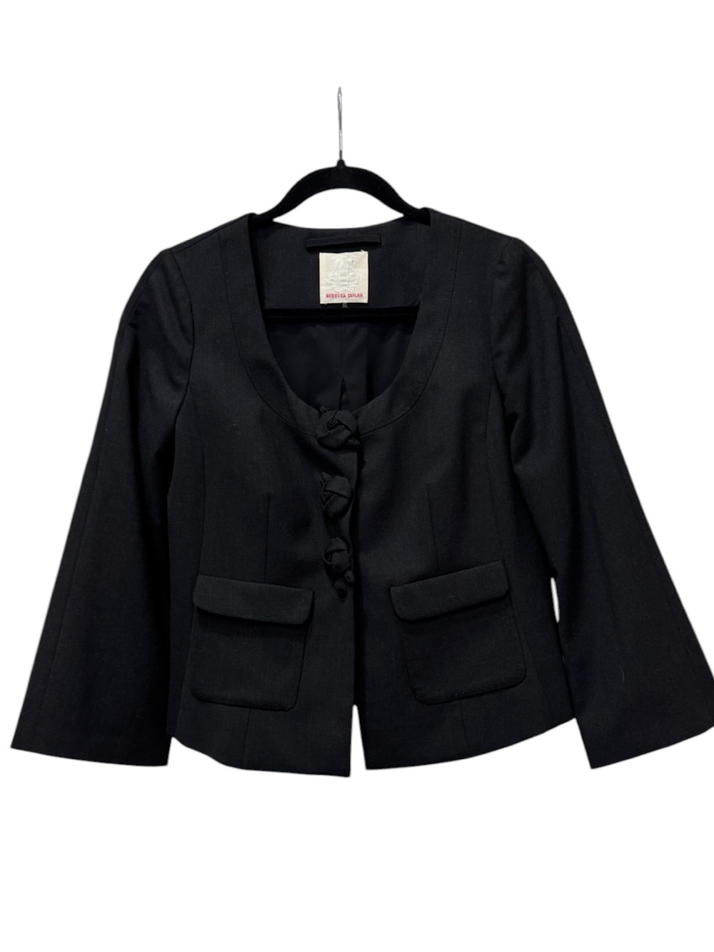Rebecca Taylor Black Wool Blend Rose ButtonCropped Blazer Sz 6